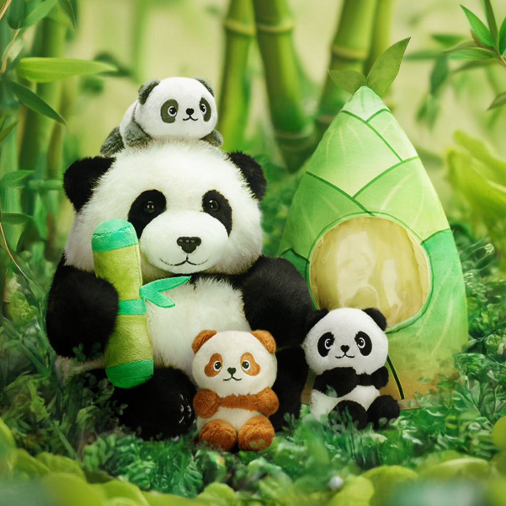 Panda Mommy Plush Stuffed Animal with 3 Babies in Bamboo Bag Set