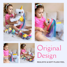 Load image into Gallery viewer, Rapunzelcorn Rainbow Hair Unicorn Mommy Stuffed Animal with 4 Babies Unicorn Inside