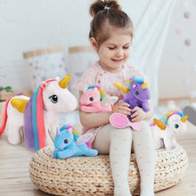 Load image into Gallery viewer, Rapunzelcorn Rainbow Hair Unicorn Mommy Stuffed Animal with 4 Babies Unicorn Inside