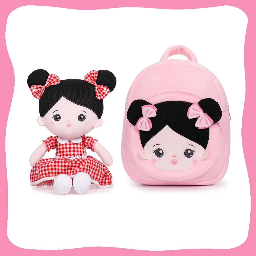 OUOZZZ Personalized Black Hair Boy & Girl Doll Red Dress Girl Doll + Backpack