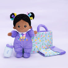 Load image into Gallery viewer, Personalized Purple Deep Skin Tone Mini Plush Baby Doll &amp; Gift Set