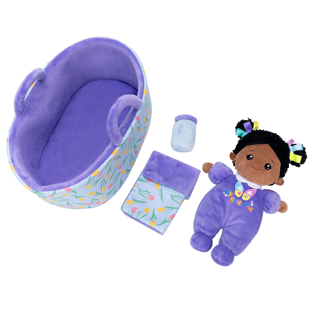 Personalized Purple Deep Skin Tone Mini Plush Baby Doll & Gift Set