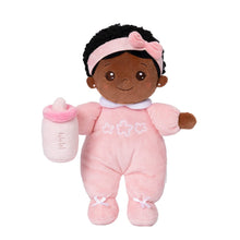 Load image into Gallery viewer, Personalizedoll Personalized  Pink Mini Deep Skin Tone Plush Baby Girl Doll &amp; Gift Set With Bottle🍼