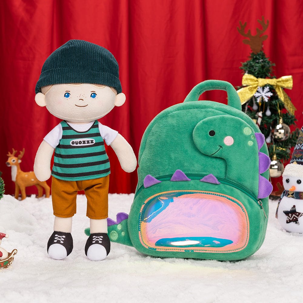 OUOZZZ Personalized Blue Eyes Plush Baby Doll Green Boy Doll + Backpack